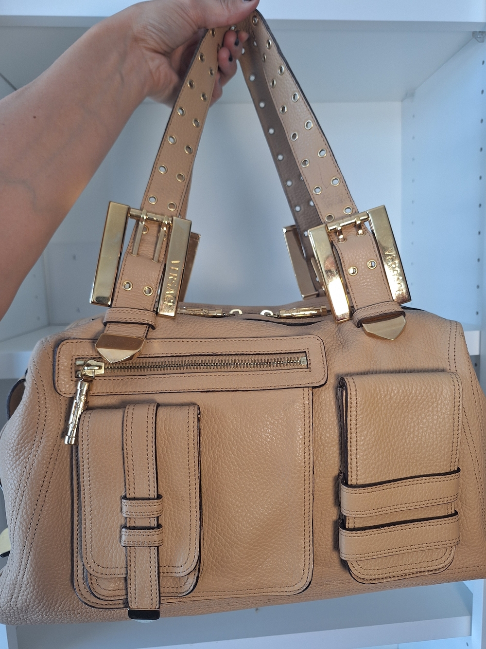 Versace Tan Leather Shoulder Bag w/ Gold Hardware